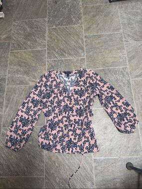 J. Crew Pink Floral Wrap-Front Blouse with Navy Pattern